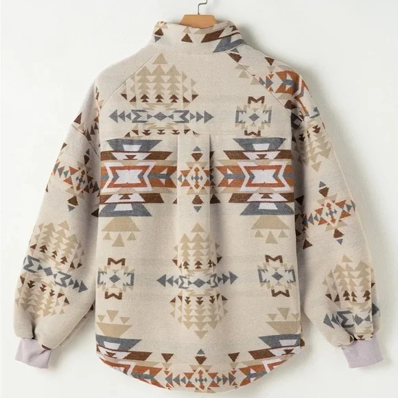 Cozy Beige Geometric Collared Neck Long Sleeve Sweatshirt